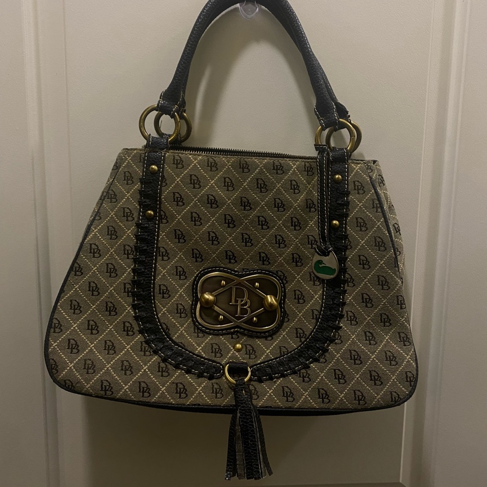 Vintage Dooney & Bourke Tassel Leather Monogram Logo Print Accent Handbag Purse